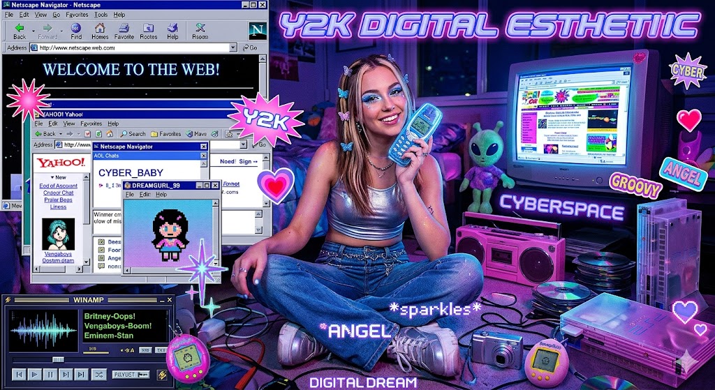 Colagem da estética Y2K com uma jovem ao centro cercada por tecnologia retrô (monitores CRT, Winamp, Tamagotchi e PS2) em tons vibrantes de rosa, roxo e neon.